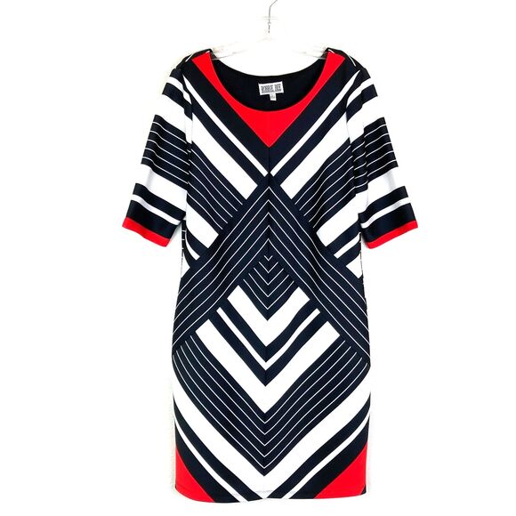 Robbie Bee Sheath Dress Size L Geometric Scuba Knit Stretch Elbow Sleeve Artsy - Picture 1 of 6